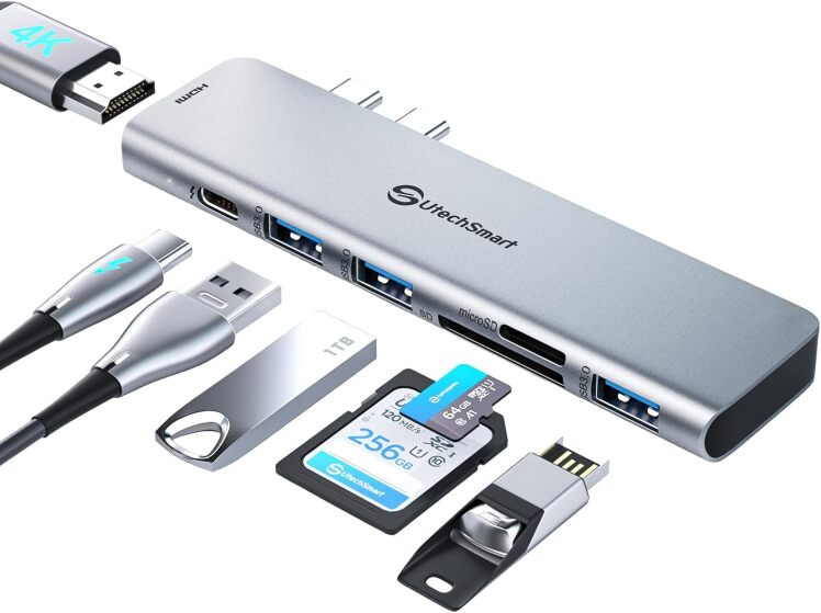 هاب مک بوک ۷ در ۲ USB-C UtechSmart خاکستری فضایی با ۳ پورت USB و خروجی HDMI 4K