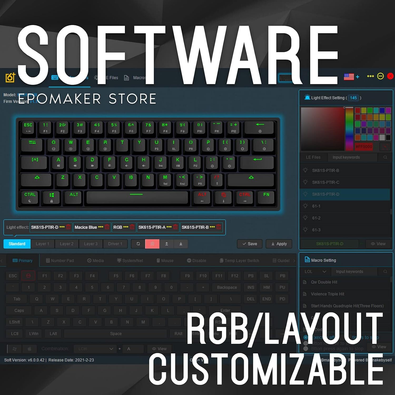  نورپردازی RGB کیبورد SKYLOONG SK61 با طیف گسترده‌ای از رنگ‌ها در محیط تاریک، مناسب برای گیمرها 
