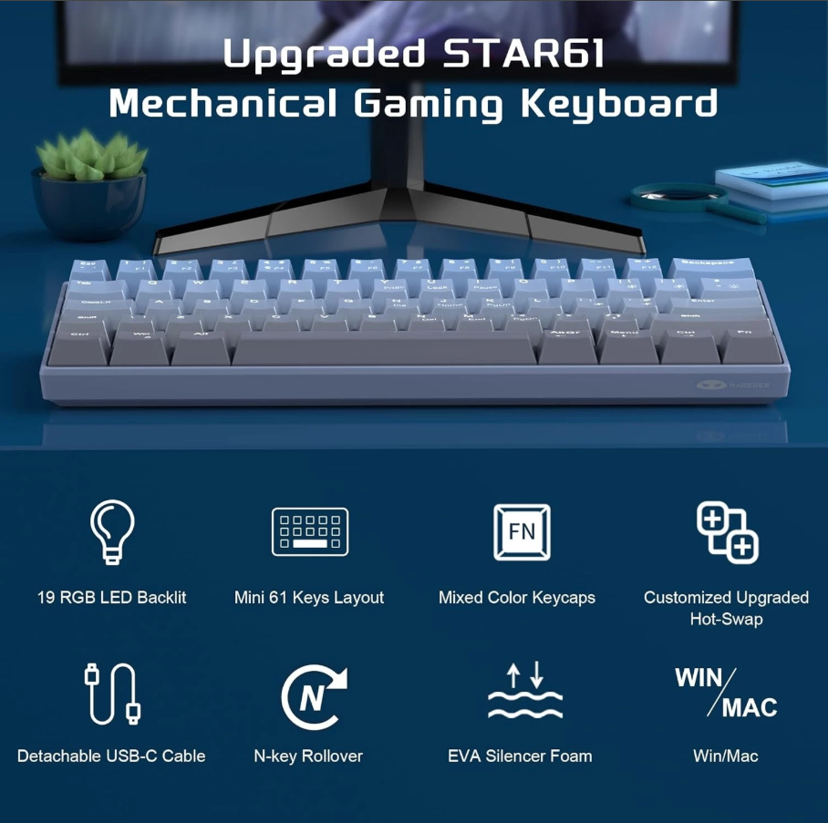  نورپردازی RGB کیبورد گیمینگ MageGee STAR61 با حالت‌های متنوع نوری 
