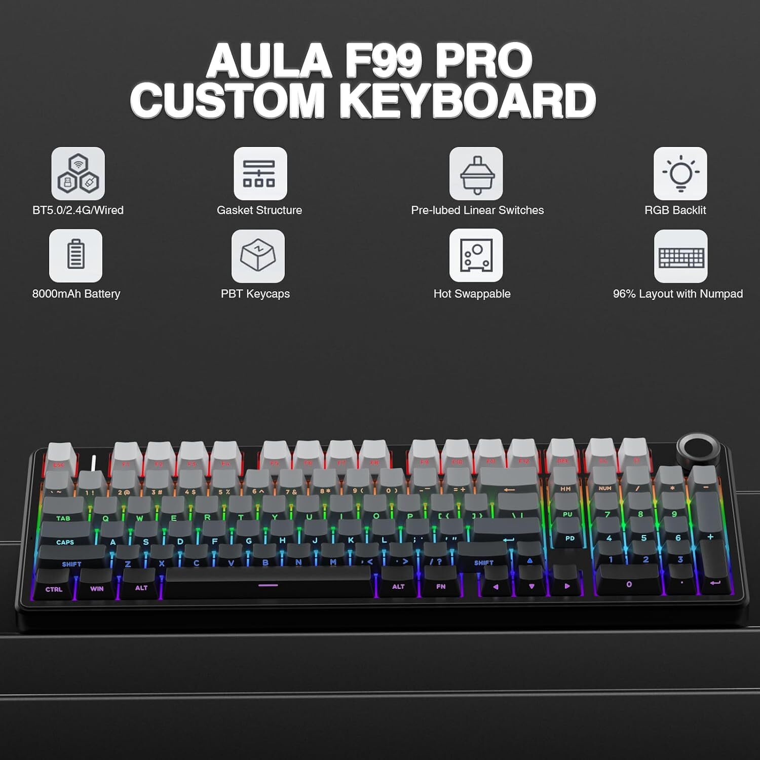  کیبورد AULA F99 Pro RGB با نورپردازی رنگی برای میز گیمینگ حرفه‌ای 