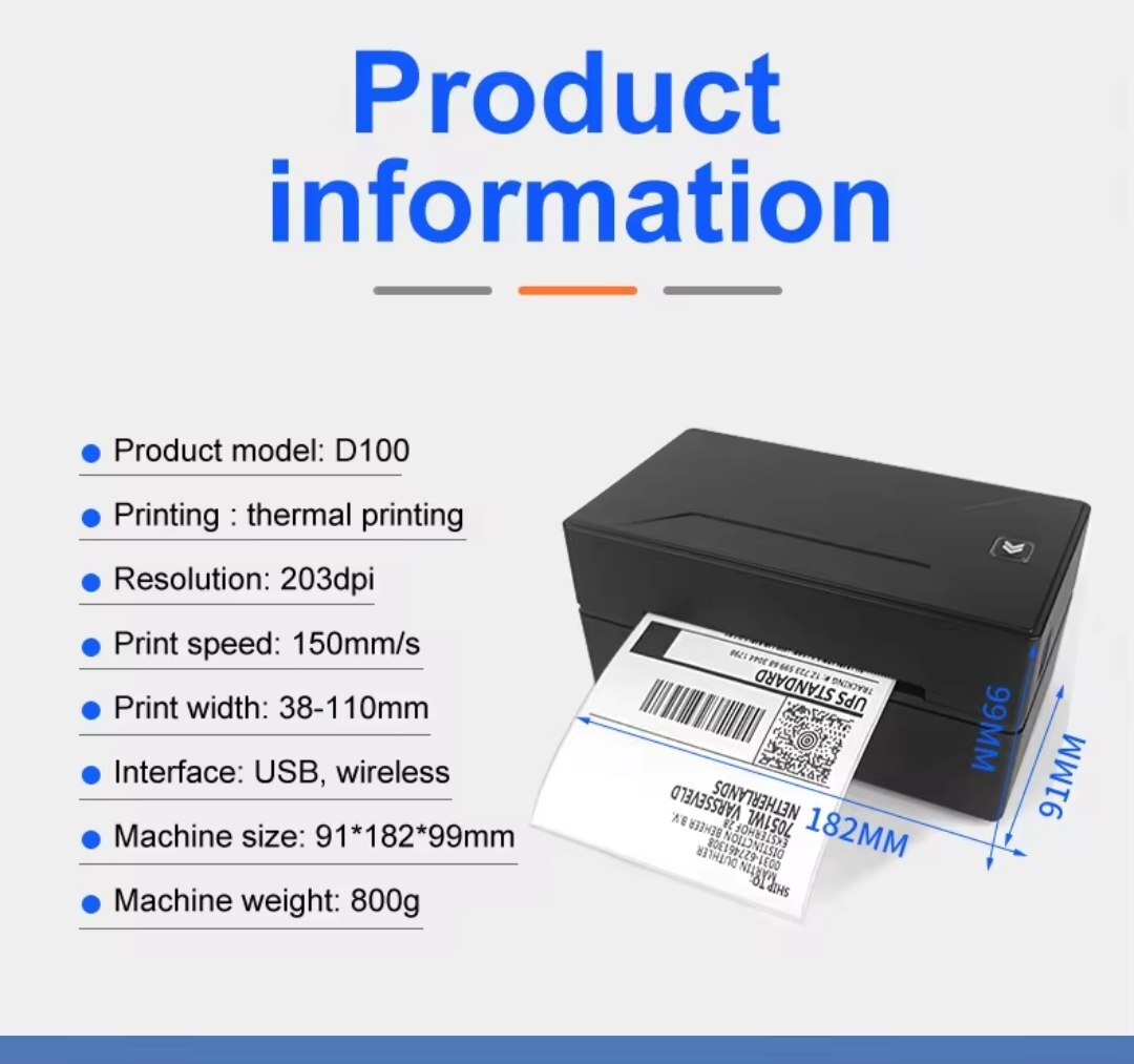 مشخصات پرینتر حرارتی MARKLIFE D100 همراه با کابل USB، آداپتور و رول کاغذ حرارتی