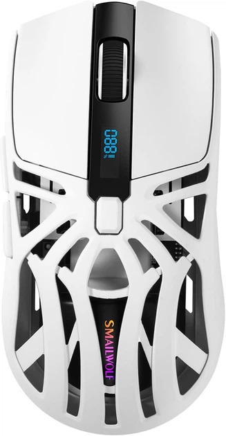 نمای بالای موس SMAILWOLF RS8 White با نمایشگر دیجیتال روی بدنه 