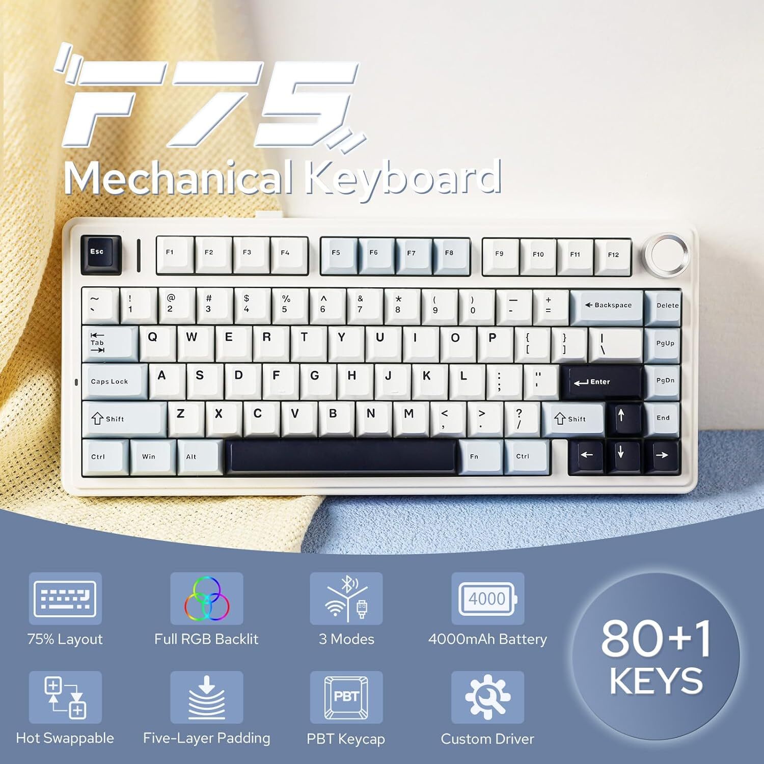  Aula F75 Mechanical Keyboard, 75% Wireless Hot Swappable | لاکچری لپ تاپ 