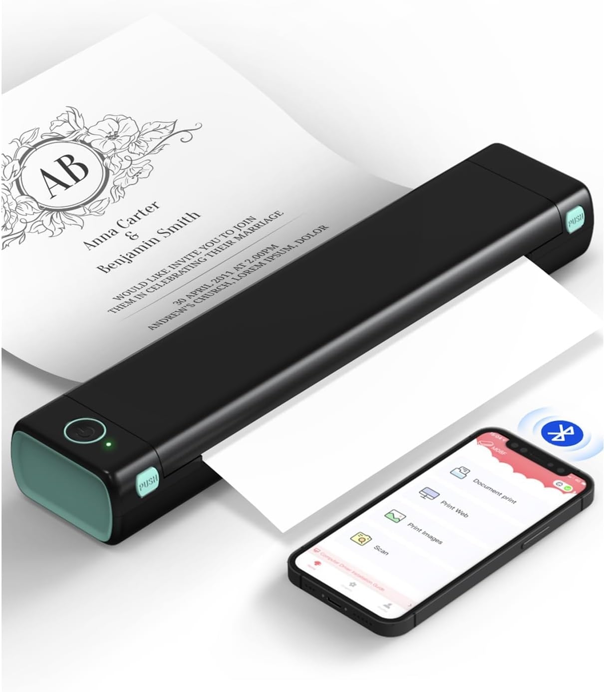  پرینتر حرارتی قابل حمل Phomemo M08F - نمای جلو با طراحی جمع‌وجور و رنگ مشکی-سبز 