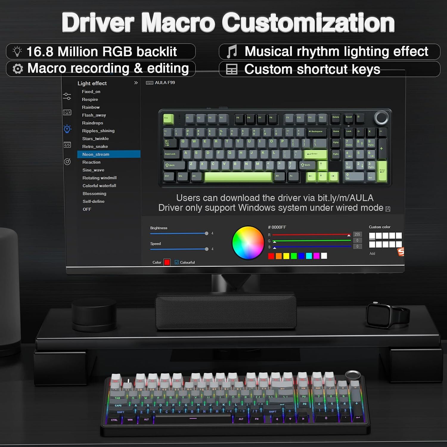  نورپردازی RGB کیبورد AULA F99 Pro در محیط تاریک برای تجربه بازی جذاب 