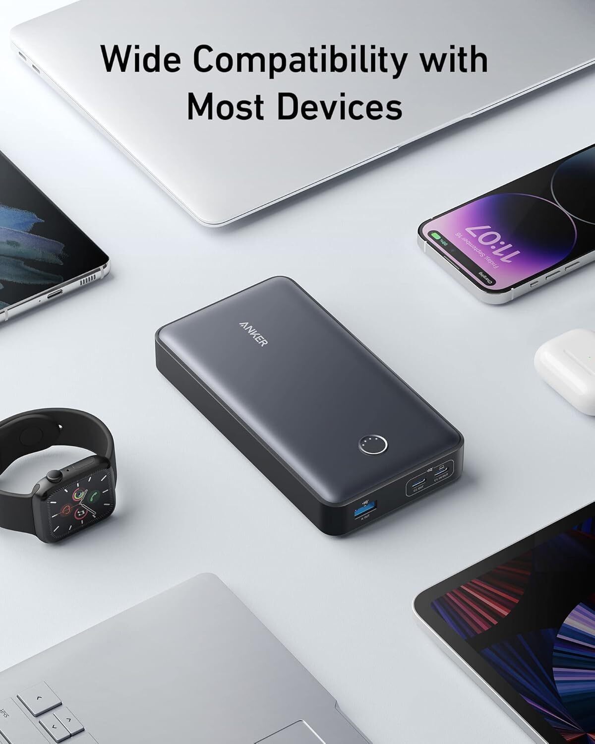  نمای پورت‌های خروجی USB-C و USB-A پاوربانک ۶۵ وات انکر 