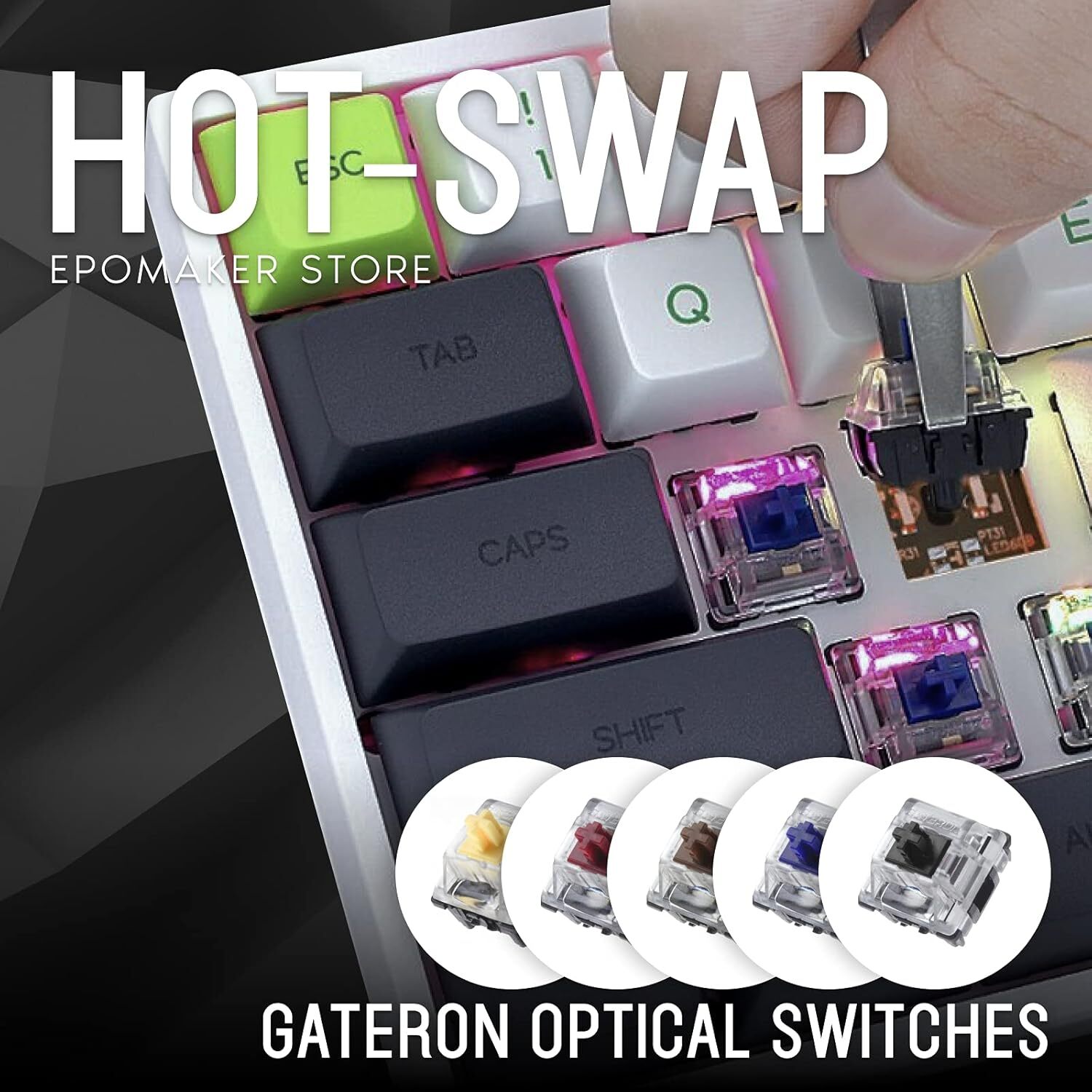  نمایش سوئیچ‌های اپتیکال گیتِرون و قابلیت تعویض گرم (Hotswap) کیبورد مکانیکال اپومیکر SK61 بدون نیاز به لحیم‌کاری 